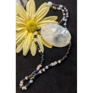 Beachy Beaded Handmade Bracelet With Lustrous Mother Of Pearl Central Feature 7"